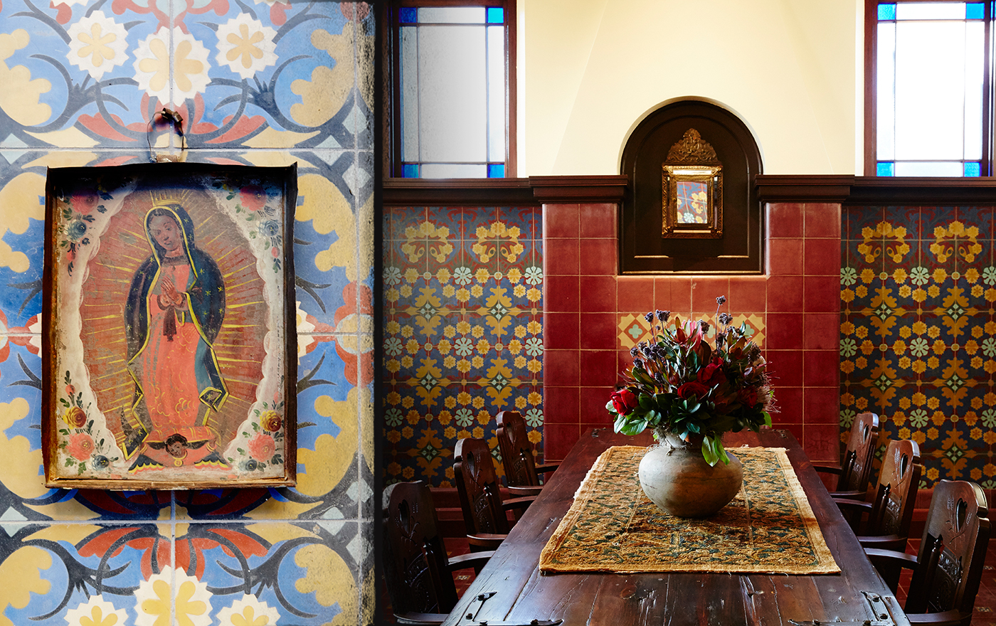 Picture of Brewmeister's office decorated with the Virgin de Guadalupe and colourful flowers.