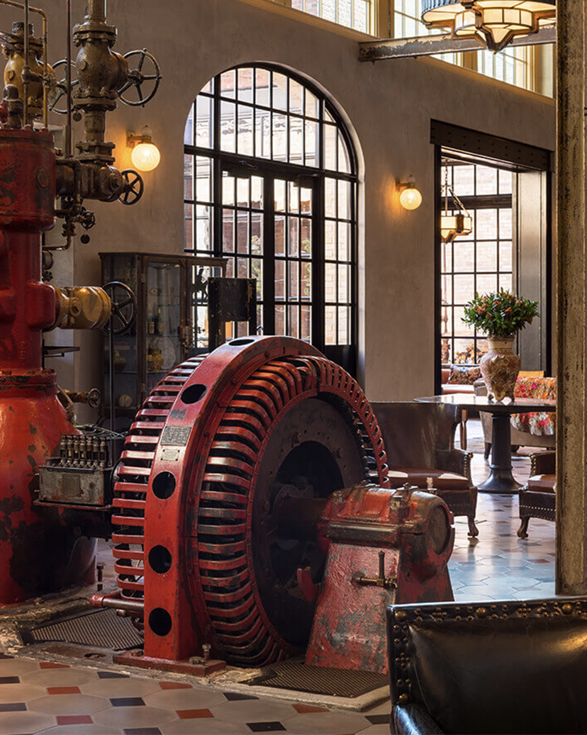 Hotel Emma Lobby and large engine floor piece